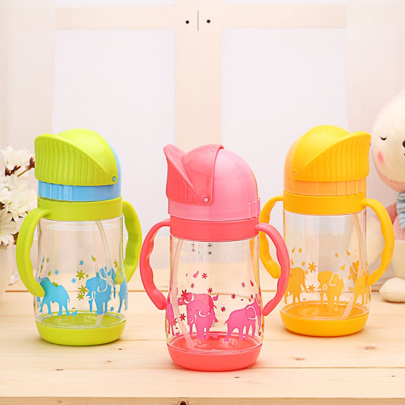 Hot Sale 420ml Cute Baby Cups Elephant Head Kids Learn Feeding Drinking Water Straw Handle Bottle Baby Feeding Cup