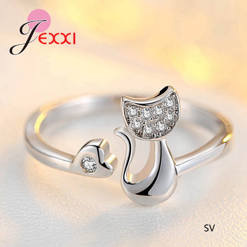 Brand Newest Opening Rings Paved Shiny White Rhinestones Cute Cat Lovely Heart Shaped Wedding Anniversary Best Gifts