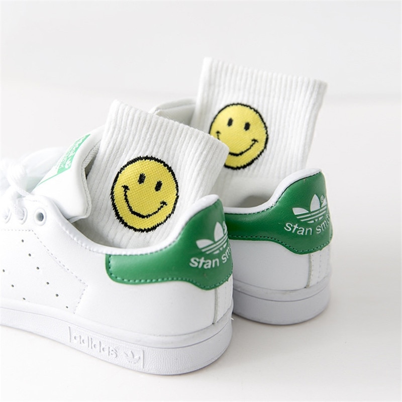Summer New Cotton Women Socks Smile Print Stripes Funny Sock Unisex Harajuku Female Casual Cute Socks Woman Sox Meias