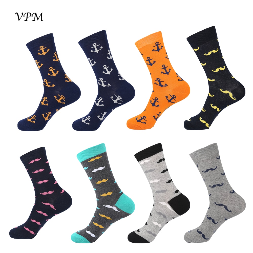 VPM Combed Cotton Men's Socks Moustache Naval Anchor Long Cool Skate Sock for Men Wedding Party Gift