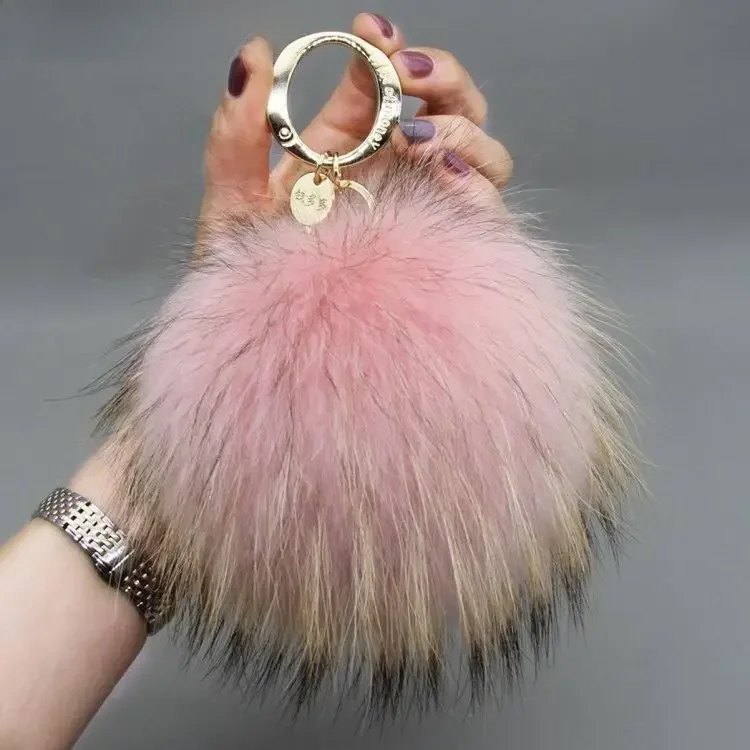 Luxury 15cm Fluffy Real Raccoon Fur Ball Pom Poms Fur Pompom High Quality Keychain Key Chain Metal