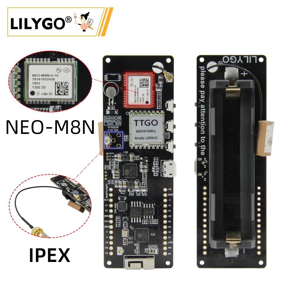 LILYGO® TTGO T-Beam V1.1 IPEX ESP32 LORA 433/868/915/923MHZ WiFi Wireless Bluetooth Module GPS NEO-M8N IPEX 18650 Battery Holder