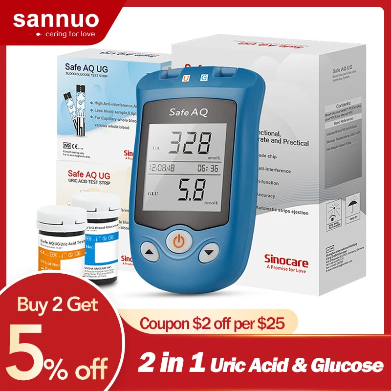 SINOCARE 2 IN 1 Safe AQ UG Uric Acid & Blood Glucose Meter with U trips G trips Rapid Use Testing