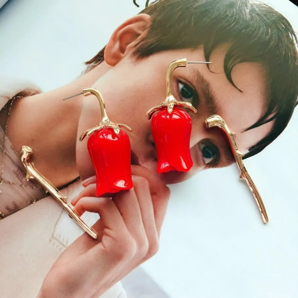 Mimiyagu  Trendy Big Red Rose Flower Stud Earring For Women