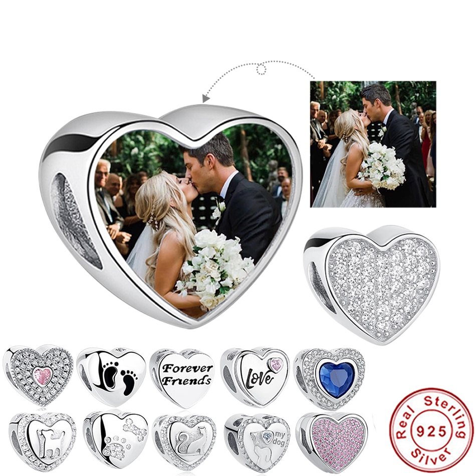 ELESHE 100% 925 Sterling Silver Bead Charm Fit Original Bracelet DIY Custom Photo Crystal Heart Beads Jewelry Making