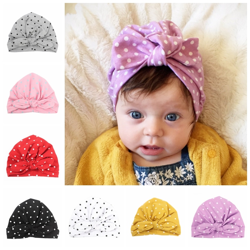 New Sweet Dot Baby Girls Caps With Bowknot Beanie Spring Autumn Newborn Turban Hats Kids Hair Accessories Birthday Gift