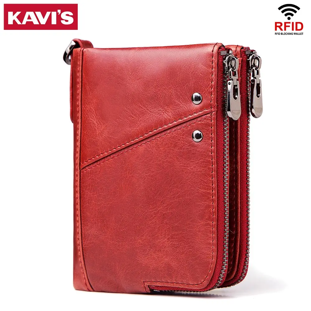 KAVIS Genuine Leather Women Wallet Female Red Rfid Coin Purse Small Walet Portomonee PORTFOLIO Money