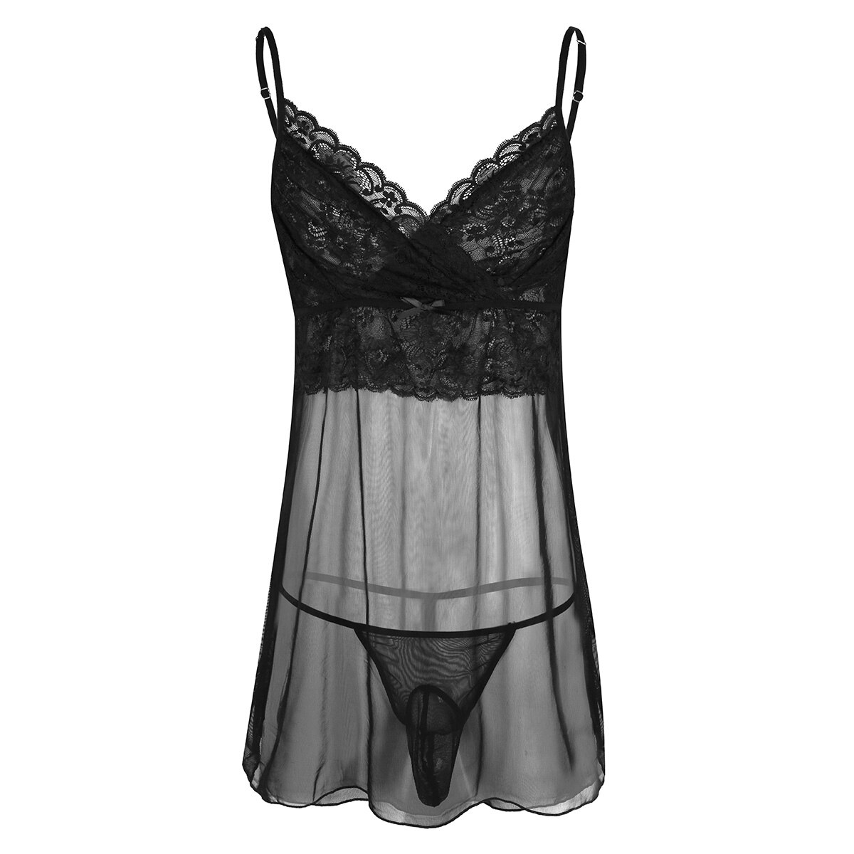 MSemis Mens Crossdress Sissy Lingerie Nightwear Gay Lace Mesh Sheer Sleepwear for Men with G-string Jockstrap Underwear Panties