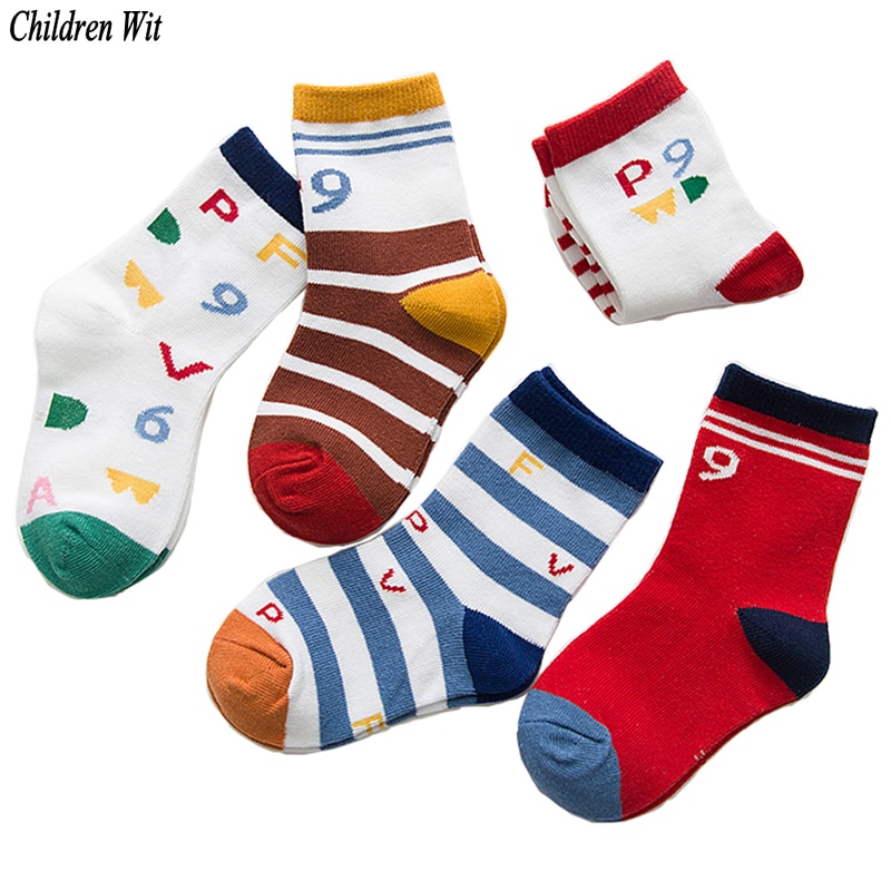 2018 Autumn Winter New Cotton Number Letter Stripes Colors Korean Fashion Children Socks 1-12 Year Kids Socks 5 Pairs