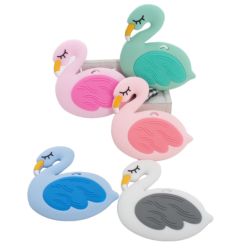 Chenkai 5PCS BPA Free Silicone Flamingo Teether DIY Cartoon Swan Baby Shower Pacifier Dummy Teether Charm Sensory Toy Gift