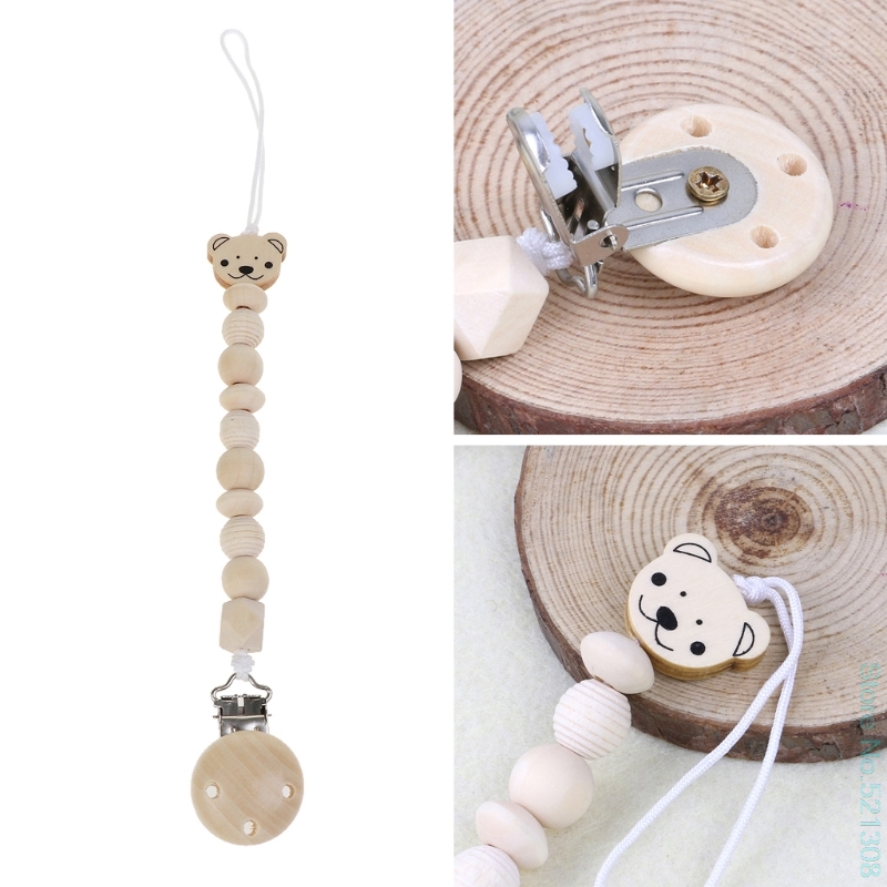 Baby Dummy Chain Wood Pacifier Clip Bear Head Bead Dummy Clip Infant Teether Toy Drop Shipping