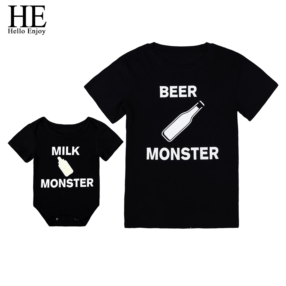 HE Hello Enjoy Family Matching Clothes Look Father And Son T-shirt Black Print Letter Baby Boys Rompers Daddy Tops Tees Kids