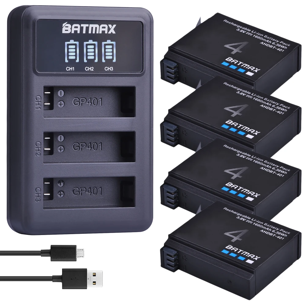 4Pcs 1680mAh Gopro Hero 4 Battery Replacement + LED 3-Slots USB Charger for GoPro HERO4 GoPro