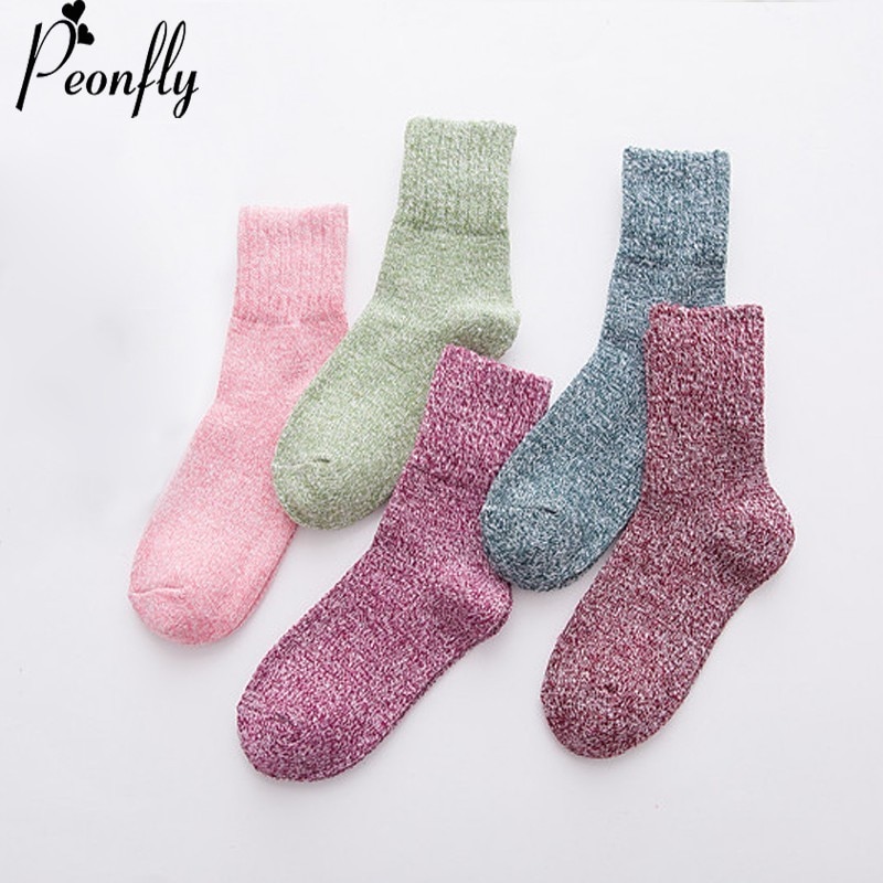 PEONFLY Woman Fashion Solid candy Color Thicker Wool Warm funny Socks Nation Wind Retro harajuku Winter Female Socks hosiery