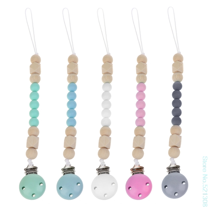 Candy Color Pacifier Clip Chain Holder Wood Silicone Beads Nipple Dummy Holder Drop Ship
