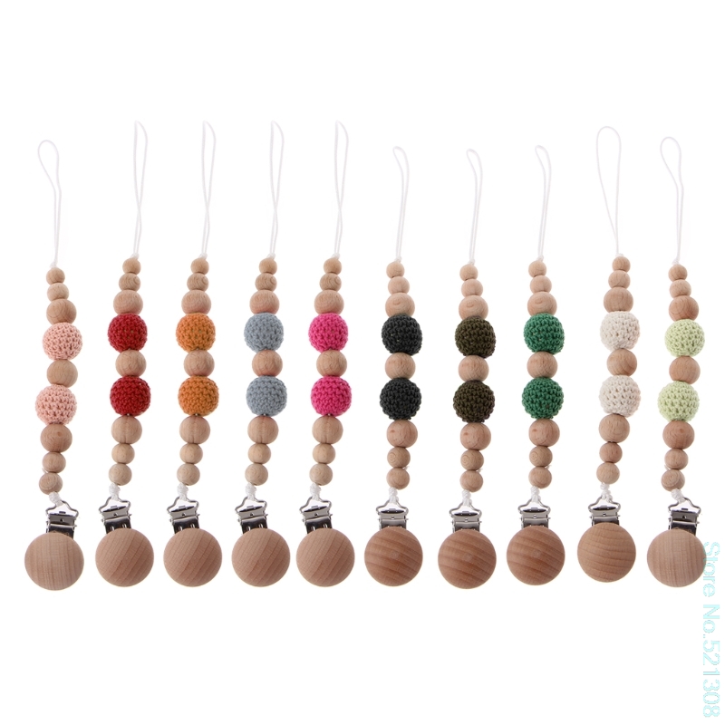 Baby Pacifier Clip With Beech Pendant Dummy Holder Crochet Beads born Gift Drop Ship