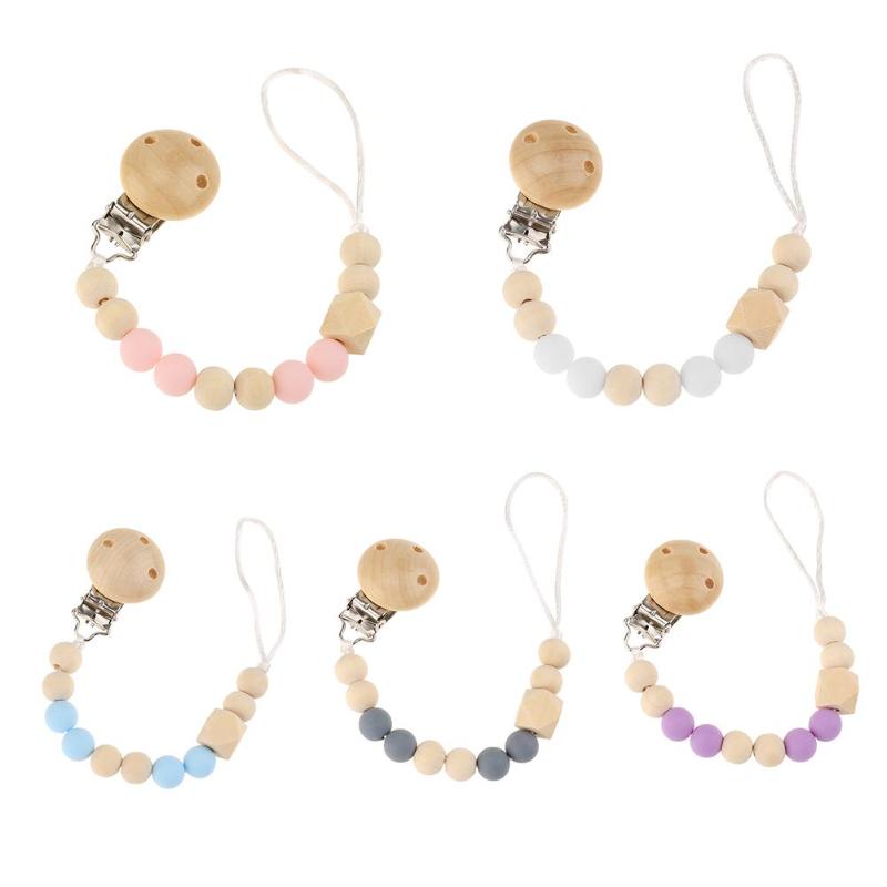 Wooden Silicone Pacifier Nipple Soother Chain Holder Cute Bead Chain Dummy Clips Baby Teething Toy Newborn Chew clip chupete