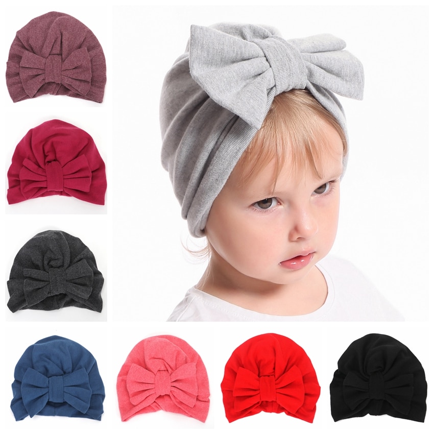 New Cotton Blend Turban Hat Baby Newborn Big Bow Knot Beanie Stylish Caps Infant Toddler Girls Shower Gift Birthday Photo Props