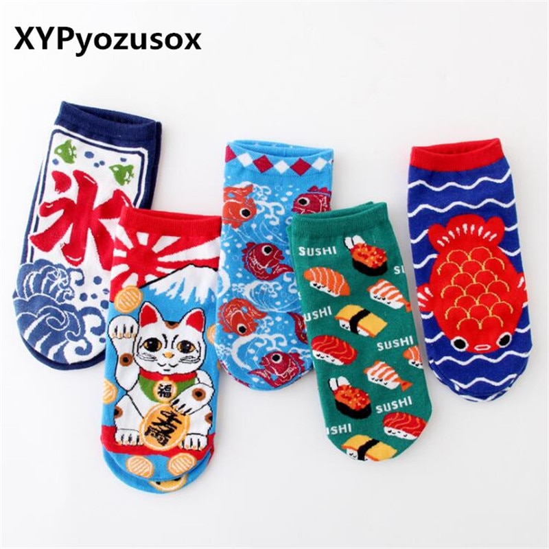 Korean Novelty Cat Sushi Food Socks Women Ladies Harajuku Art Funny Socks Cotton Cute Female Women Short Socks Christams Gifts