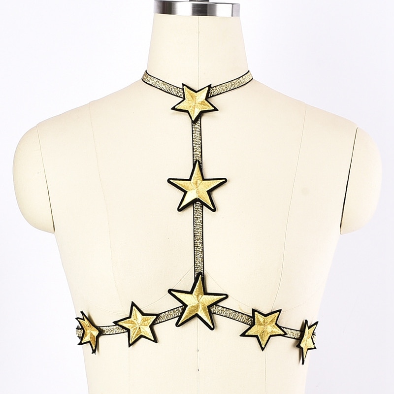 PENTAGRAM BODY HARNESS Gold color Sparkling Hanging Neck Harness Bra elastic adjustable Handmade Fetish Bondage Cage Bra Belt