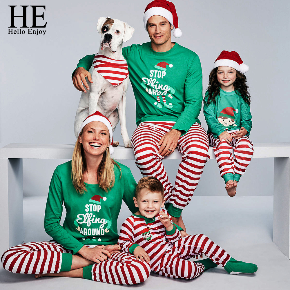 HE Hello Enjoy Family Christmas Pajamas Set Striped Mama Daughter Father Son Matching Clothes Navidad Family Look Outfit Nighty
