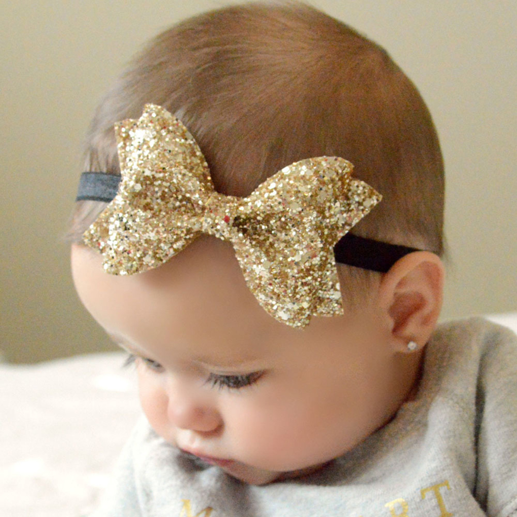 Girls Big Sequin Bow Headbands For Kids Solid Elastic Hair Band Large Gold Glitter Hair Bow Hair Accessories Girls Kids