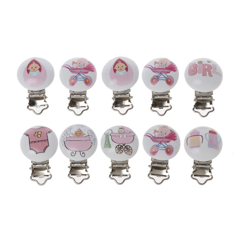 High Quality 5pcs Metal Wooden Baby Pacifier Clips Mixed Pattern Infant Soother Clasps Holder