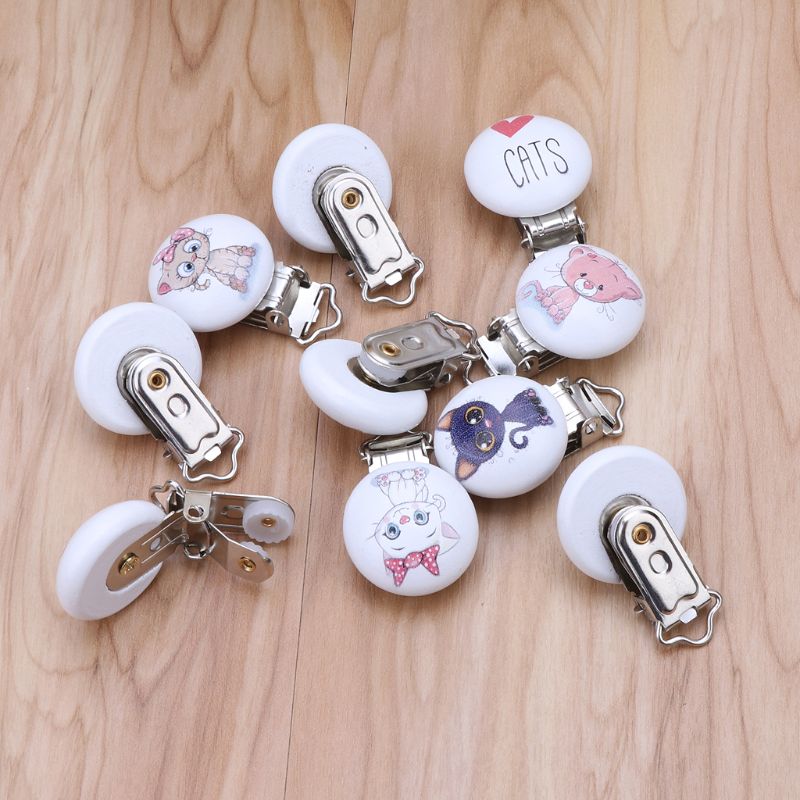 Drop ShiP 5Pcs/Lot Baby Pacifier Clips Cats Printed Wood Metal Holder Clasps 4.4cm x 3cm