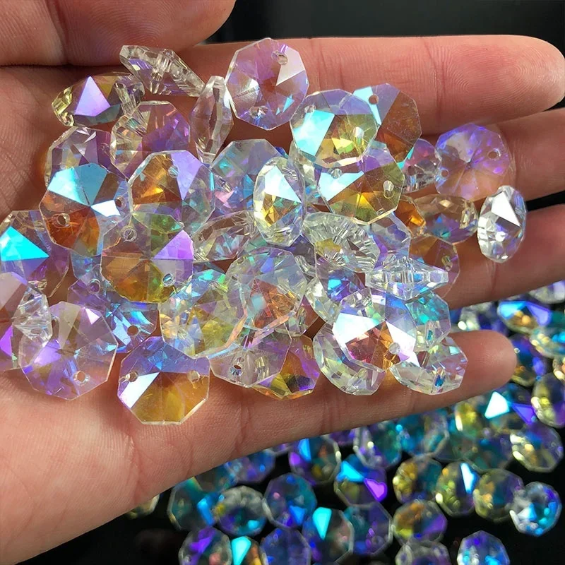 10PCS Aurora Crystal Glass Octagon Bead Prism Garland Strand Chandelier Chain Part Rainbow