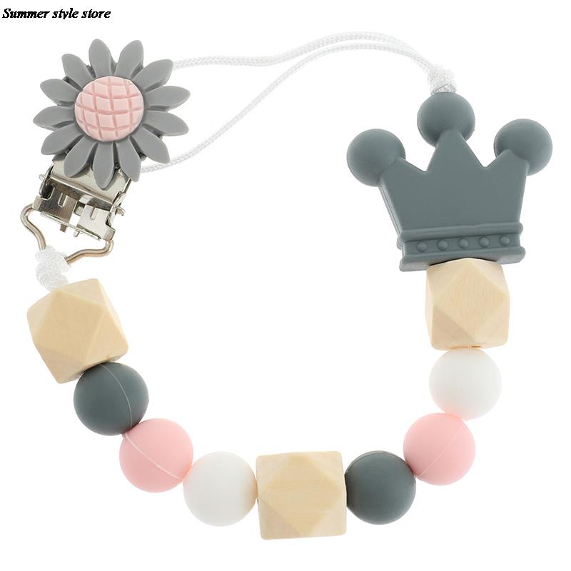 Silicone And Wood Pacifier Clip Wooden Bead Dummy Clip Holder Cute Pacifier Clips Soother Chains Baby Teething Toy For Baby Chew