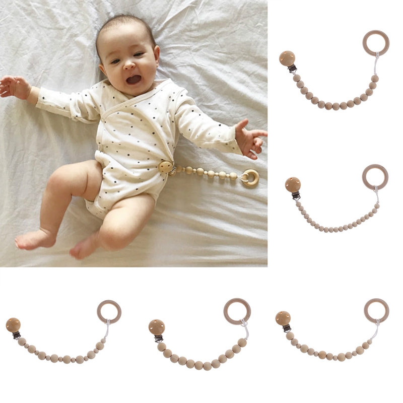 Baby Natural Wooden Beaded Pacifier Holder Clip Nursing Teether Dummy Chain Gift