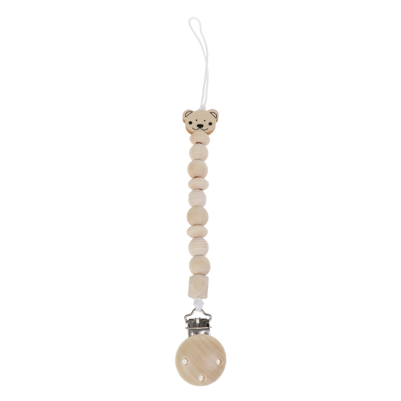 Baby Dummy Chain Wood Pacifier Clip Bear Head Bead Dummy Clip Infant Teether Toy