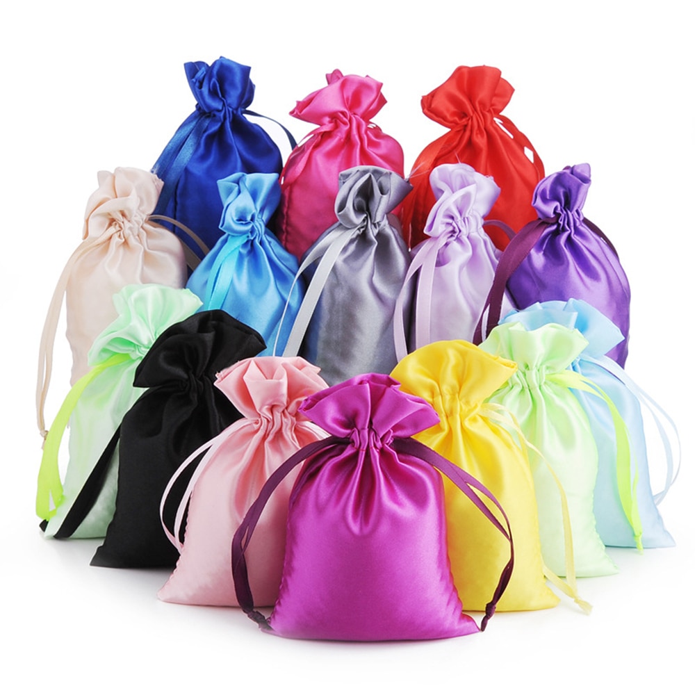 50 Silk Stain Drawstring Bag with Ribbon for Jewelry Hair Travel Watch Shoes Diamond Bead Ring Makeup Gift Packaging Pouch