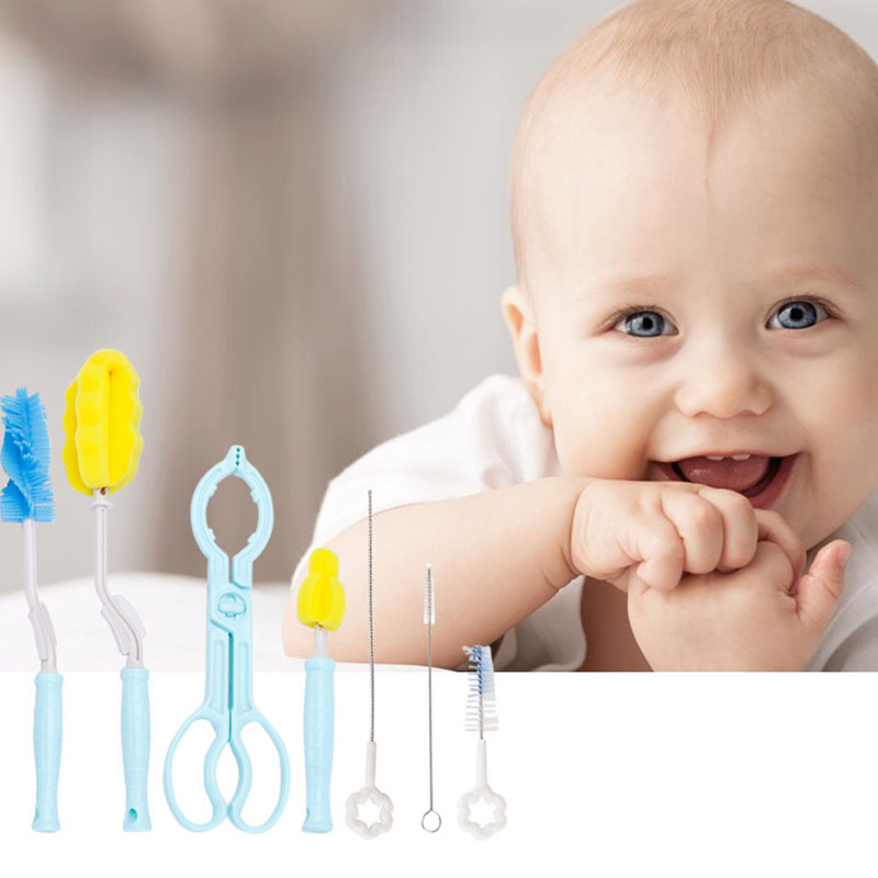 Hot Sale High Quality New Multifunctional 360 Rotation Long Handle Baby Bottle Brush  Seven Piece Set  Cleaning Feeding Bottle
