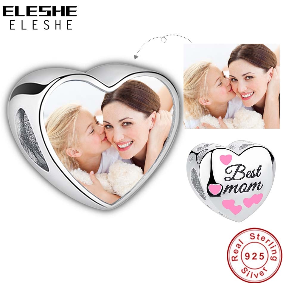 ELESHE Mother's Day Custom Photo Best Mom 925 Sterling Silver Charm Bead Fit Bracelet DIY Personalized Jewelry Making