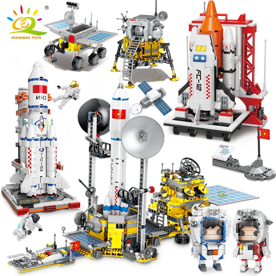 HUIQIBAO Space Station Saturn V Rocket Building Blocks City Shuttle Satellite Astronaut Figure Man
