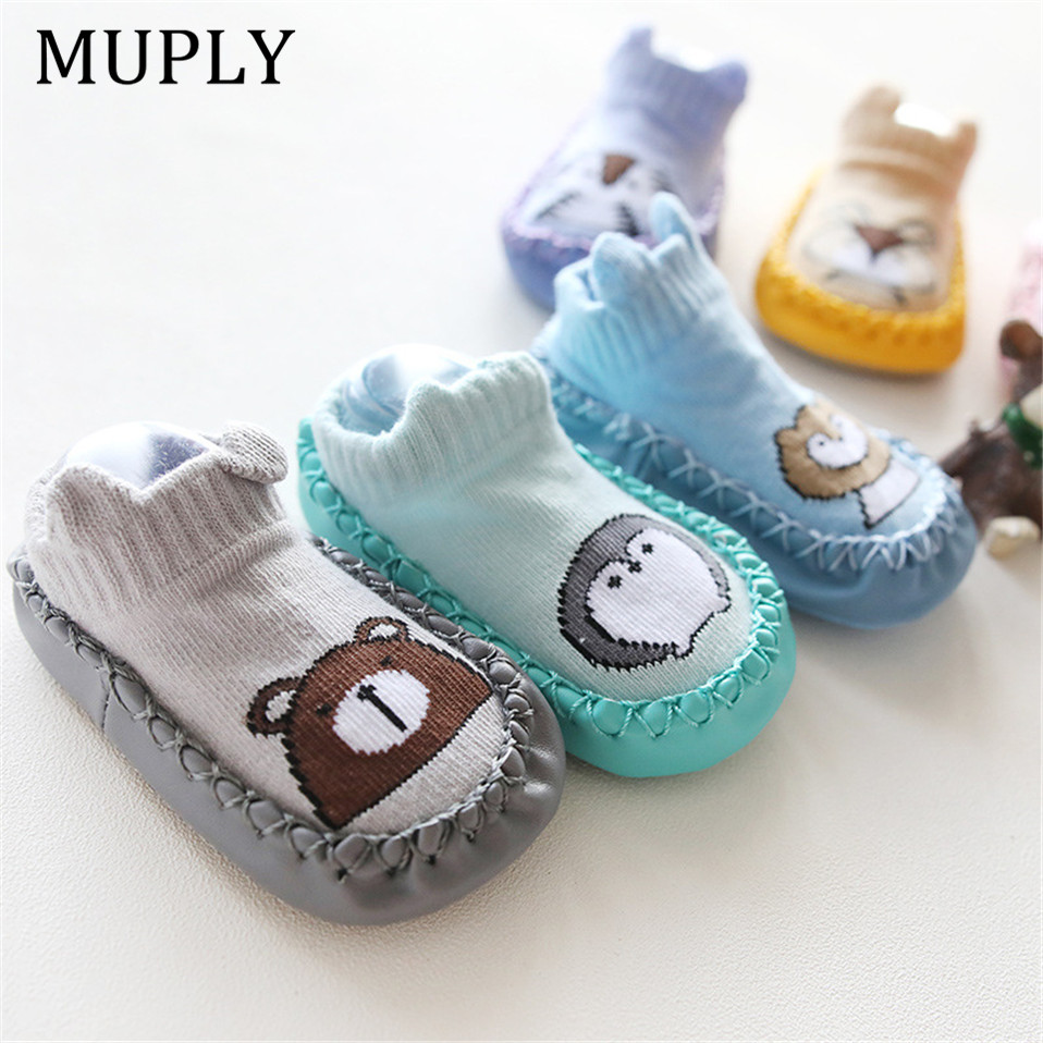 Newborn Baby Boys Girls Foot Socks PU With Knitting Cartoon Animal Baby Shoes Anti-Slip Meias Crib Footwear Sokken Prewalker