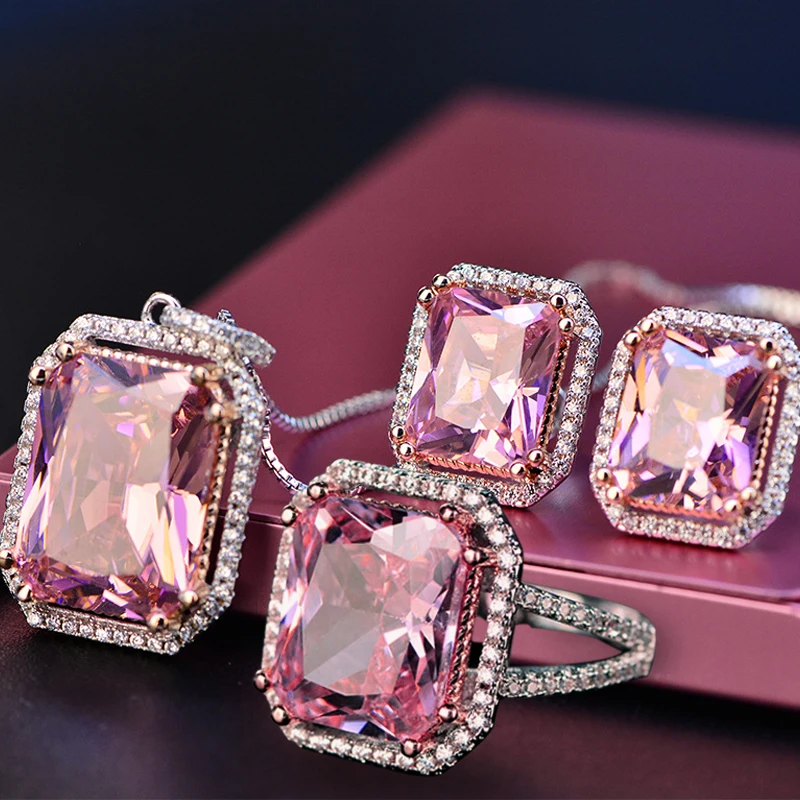 Top Quality 925 Silver Jewelry Sets Pink Quartz Cubic Zircon Ring Earrings Pendant Necklace Jewelry
