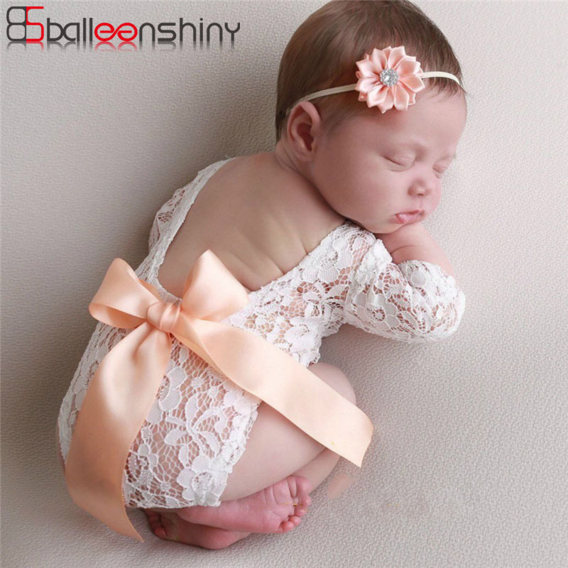 Balleenshiny Baby Headband Newborn Photography Props Infant Lace Bow Clothing Baby Girl Accessories Fashion New Soft Baby Romper