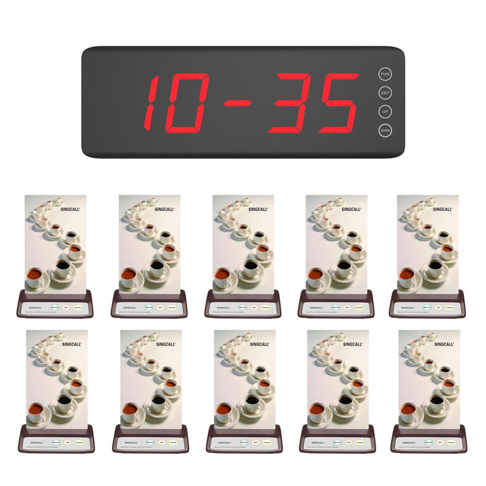 SINGCALL Waiter Calling System,1 Screen Display Receiver SC-R50 and 10 APE130 Wireless Buttons, 3 Options Pagers Coffee Color