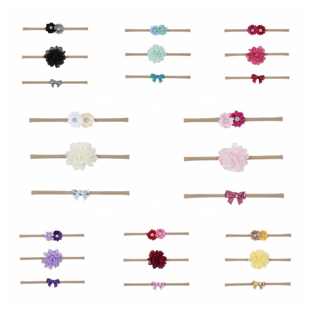 Fashion 3pcs/lot Boutique Nylon Headband Children Skinny Stretchy Non-Marking Flower Bowknot Girl Headband Set Cute Gift