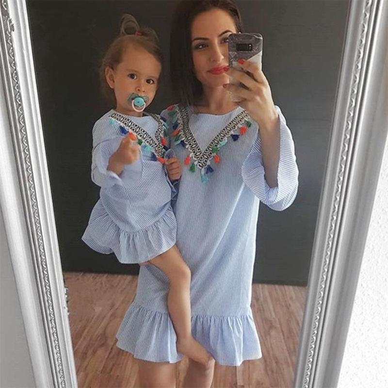 Fashion Family Dresses Girls Princess Dress Tops Clothes Tassel Flying Sleeve Stripe Mother Daughter Party Dresses for Kid girls