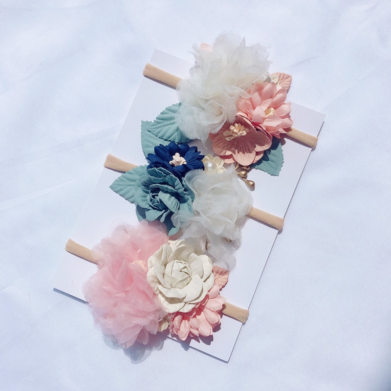 Girls Nylon Flower Headband with Pearl, Vintage Floral Hair Bows Elastic Hairband for Kids Headwear Hair Accessories