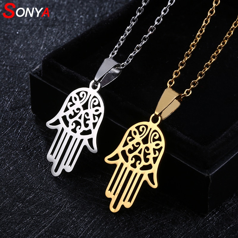 SONYA New Stainless Steel Open Hamsa Hand Necklaces for Women Light silver Color Hamesh Hand Jewelry Hand of Fatima Pendant Arab