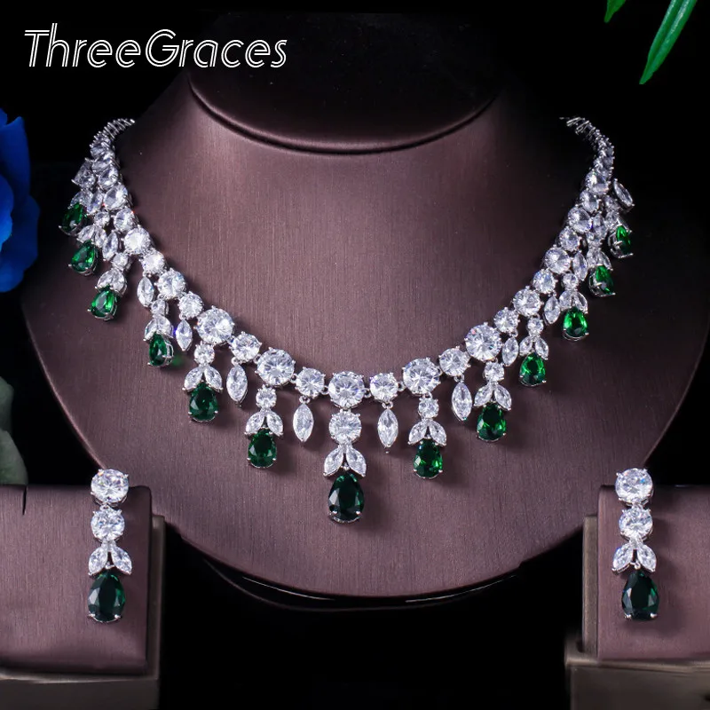 ThreeGraces Luxury Green CZ Stone Earrings Necklace Set Brilliant Big Long Drop Wedding Bridal Dress