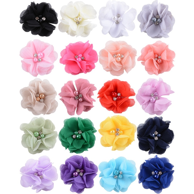 Cute 2.2" 9pcs/lot Chiffon Fabric Flowers with Pearl Rhinestone for Girl Headband Hair Clips Diy Headwear Hair Accessories