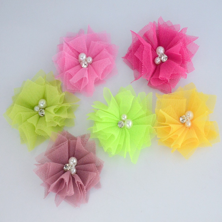 Yundfly 30PCS Chic Mesh Flowers for DIY Baby Headbands Artifical Floral Handmade Baby Girl Headbands Accessories