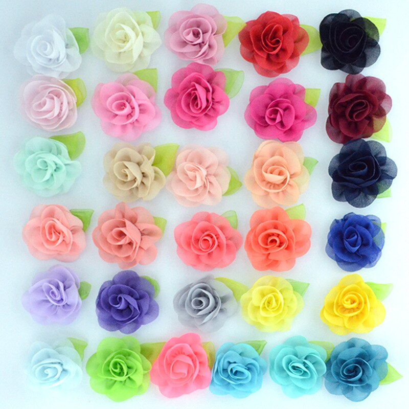 Yundfly 20pcs Chic Chiffon Flower with Green Leaf Handmade Artifical Fabric Flowers DIY Newborn Headband Accessories