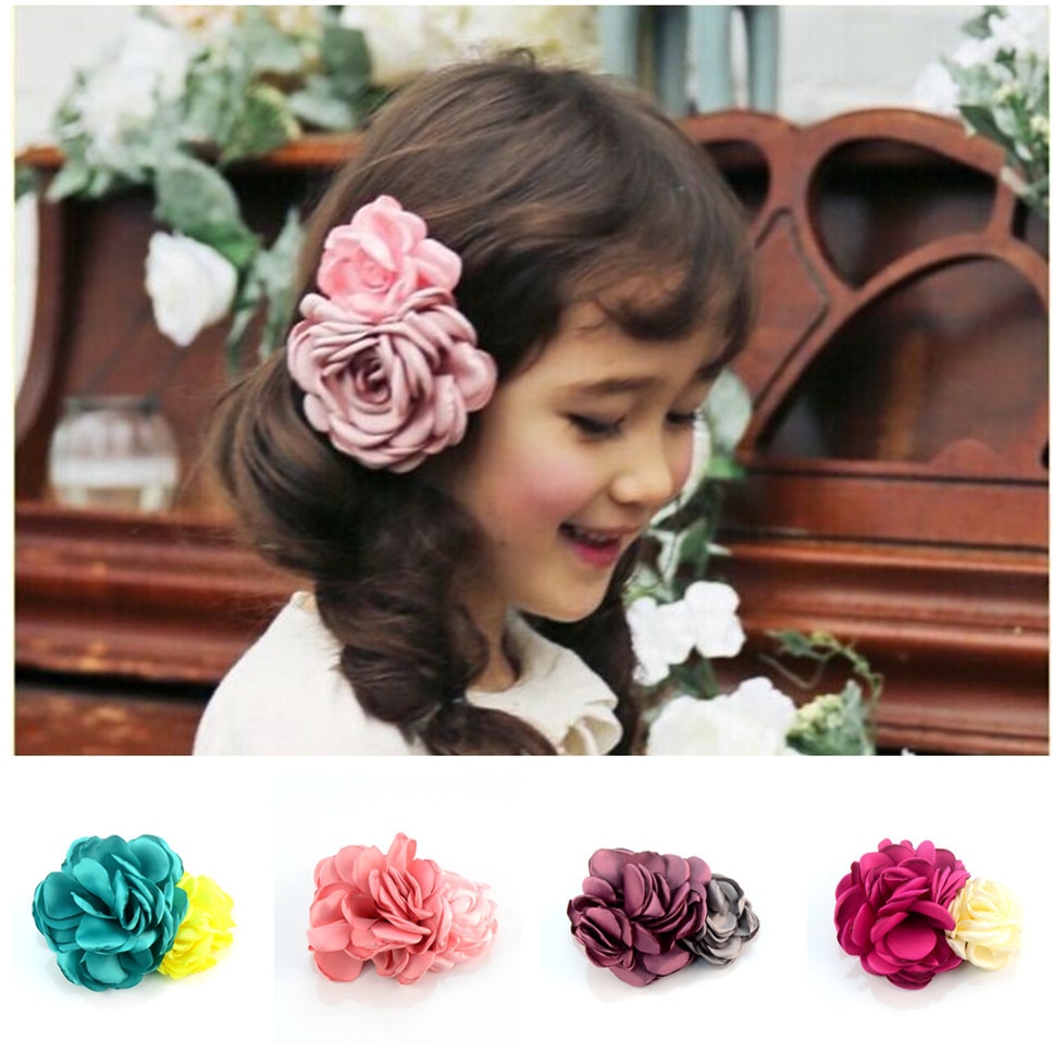 Yundfly 1PCS New Large Baby Girls Burned Satin Rose Flower Clips Girls Wedding Party Headwear Hair Piece Hairpins