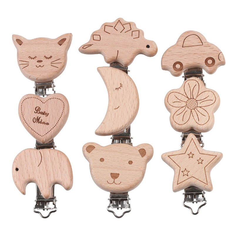 Cute Pattern Wooden Nipple Pacifier Holder Star Car Bear Cat Funny Pacifier Clips for DIY Nursing Teether Chain